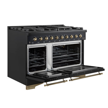 FORNO Antico 48-Inch Freestanding Gas Range, 8 Sealed Burners, Griddle, 5.5 cu. ft. Oven, Black with Antique Brass Acccents (FFSGS6219-48BLK)