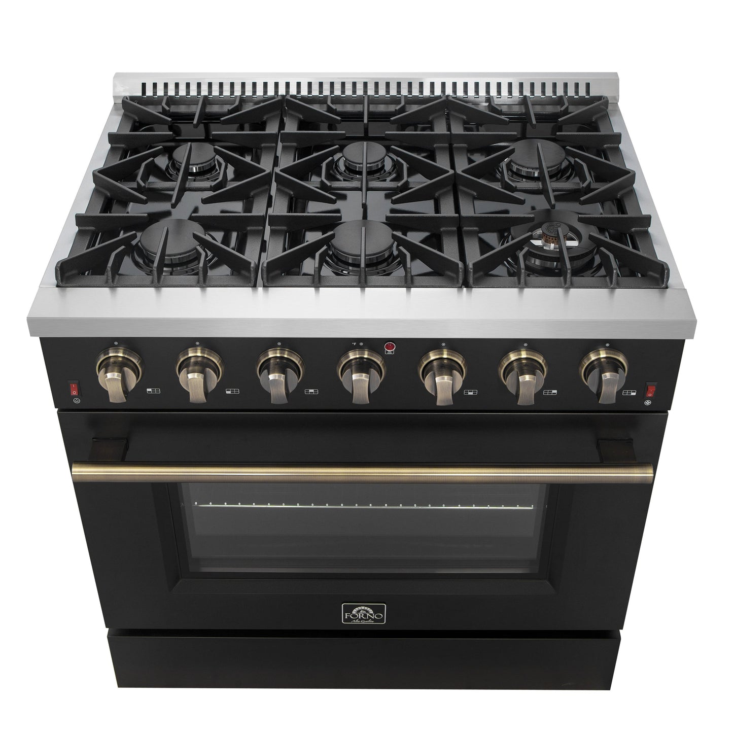 Forno Galiano 36 Inch Gas Range, 5.36 cu. ft. Oven, 6 Sealed Burners, Black with Antique Brass Accents, Model FFSGS6244-36BLK