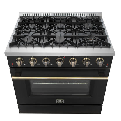 Forno Galiano 36 Inch Gas Range, 5.36 cu. ft. Oven, 6 Sealed Burners, Black with Antique Brass Accents, Model FFSGS6244-36BLK