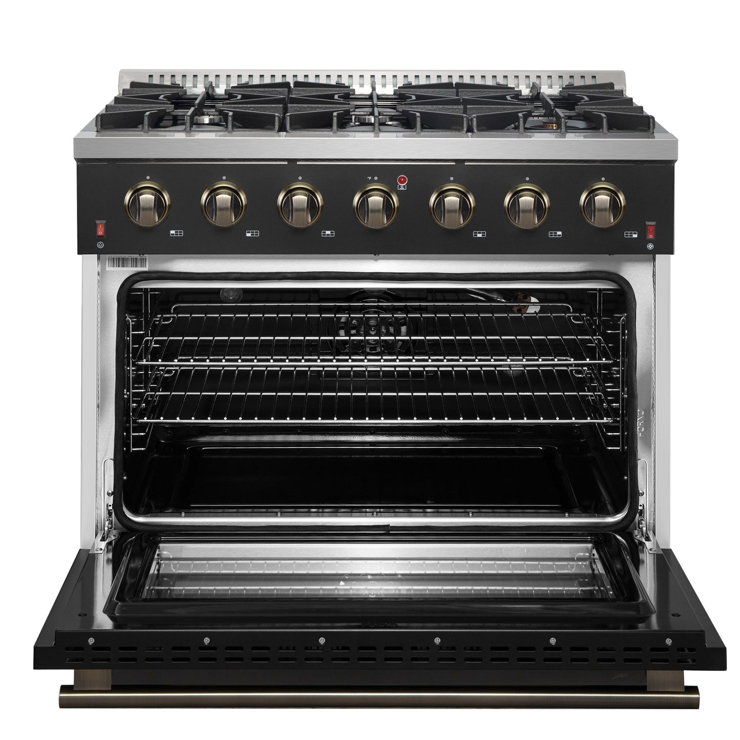 Forno Galiano 36 Inch Gas Range, 5.36 cu. ft. Oven, 6 Sealed Burners, Black with Antique Brass Accents, Model FFSGS6244-36BLK