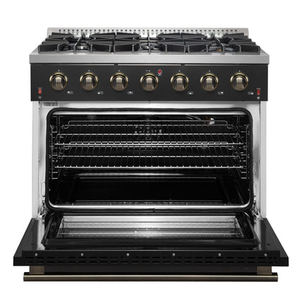 Forno Galiano 36 Inch Gas Range, 5.36 cu. ft. Oven, 6 Sealed Burners, Black with Antique Brass Accents, Model FFSGS6244-36BLK