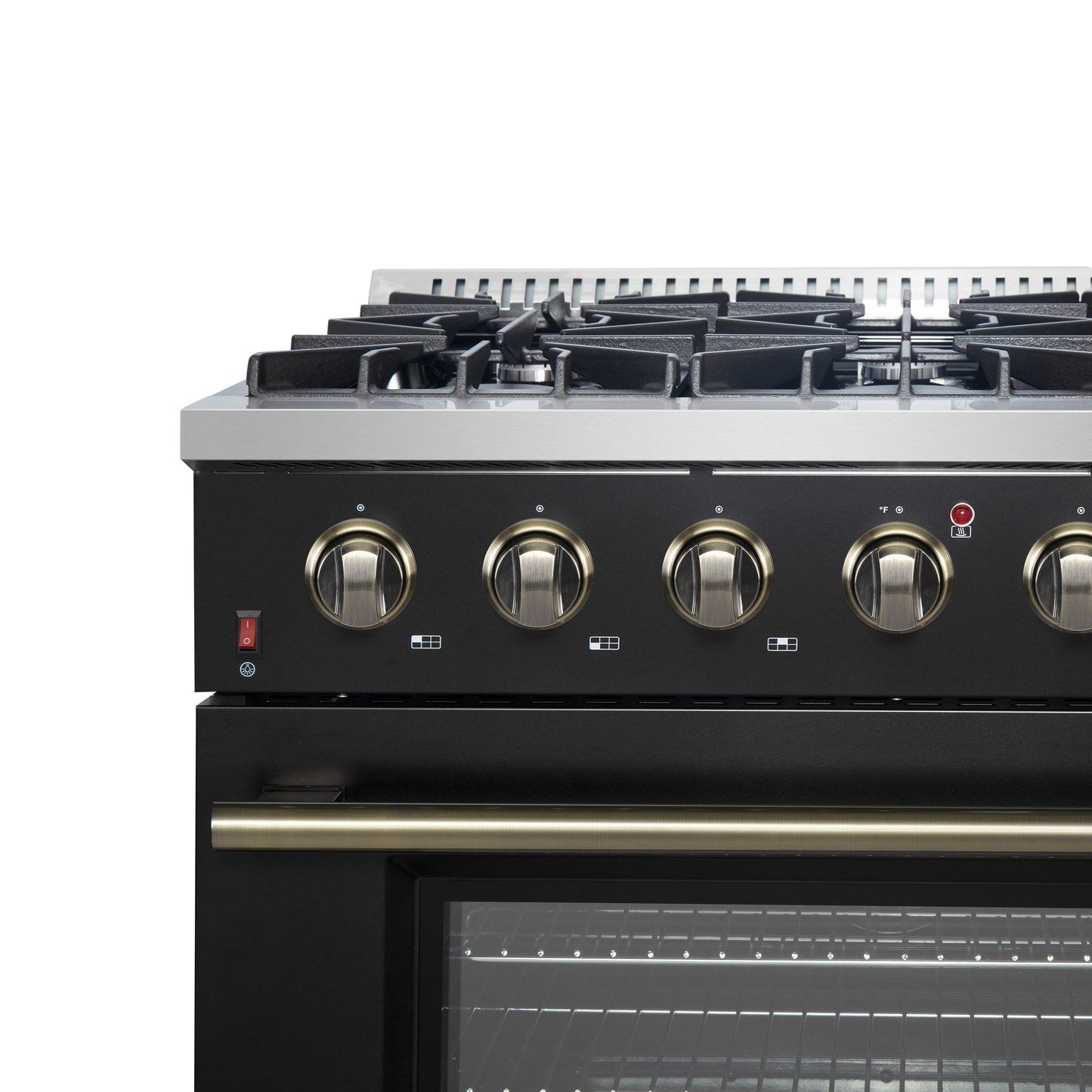 Forno Galiano 36 Inch Gas Range, 5.36 cu. ft. Oven, 6 Sealed Burners, Black with Antique Brass Accents, Model FFSGS6244-36BLK