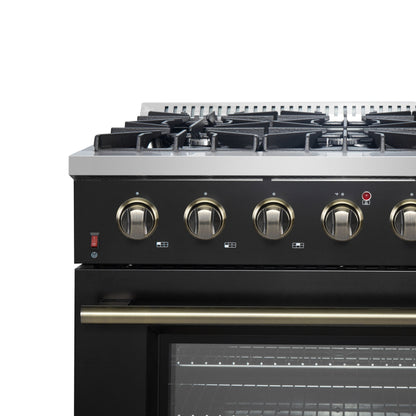 Forno Galiano 36 Inch Gas Range, 5.36 cu. ft. Oven, 6 Sealed Burners, Black with Antique Brass Accents, Model FFSGS6244-36BLK
