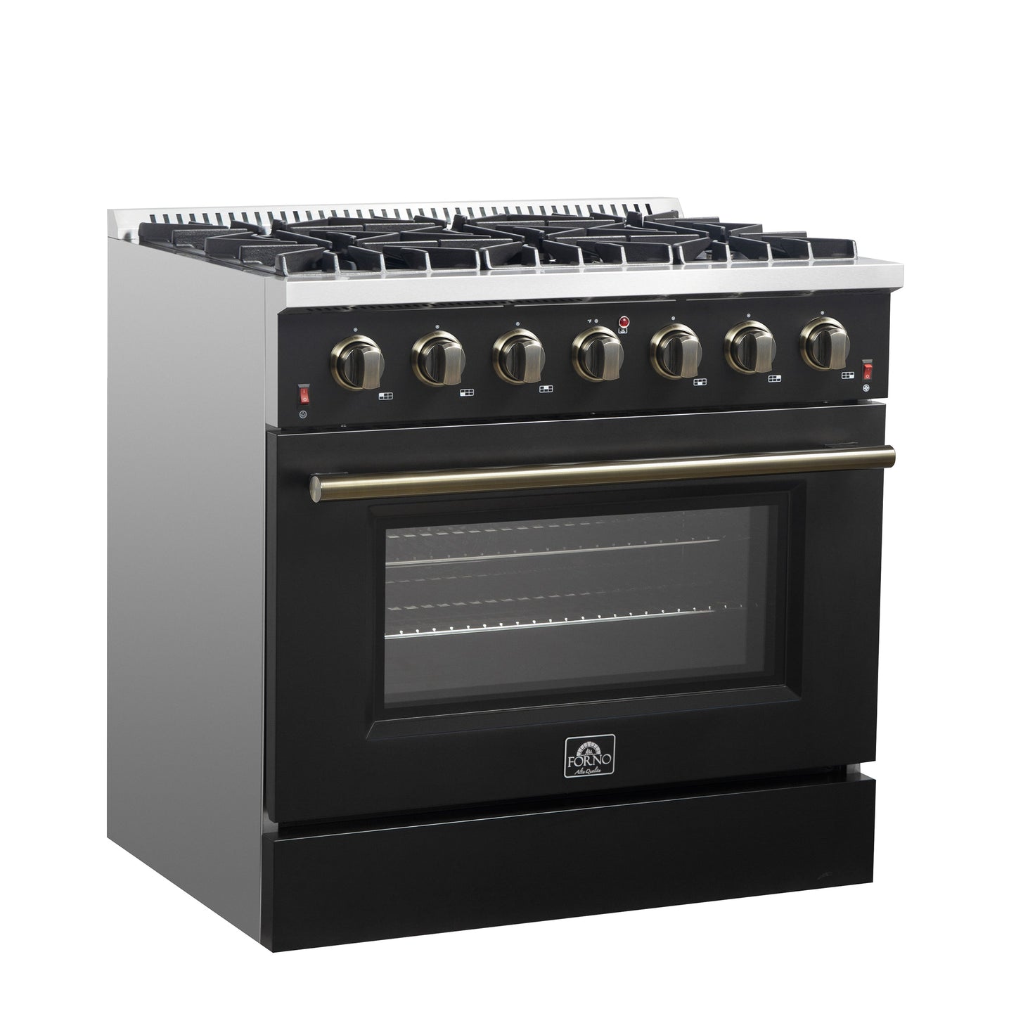 Forno Galiano 36 Inch Gas Range, 5.36 cu. ft. Oven, 6 Sealed Burners, Black with Antique Brass Accents, Model FFSGS6244-36BLK