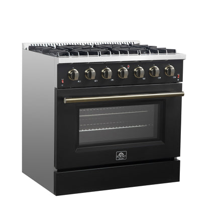 Forno Galiano 36 Inch Gas Range, 5.36 cu. ft. Oven, 6 Sealed Burners, Black with Antique Brass Accents, Model FFSGS6244-36BLK