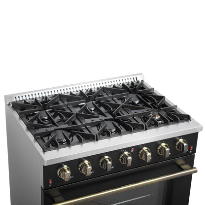 Forno Galiano 36 Inch Gas Range, 5.36 cu. ft. Oven, 6 Sealed Burners, Black with Antique Brass Accents, Model FFSGS6244-36BLK