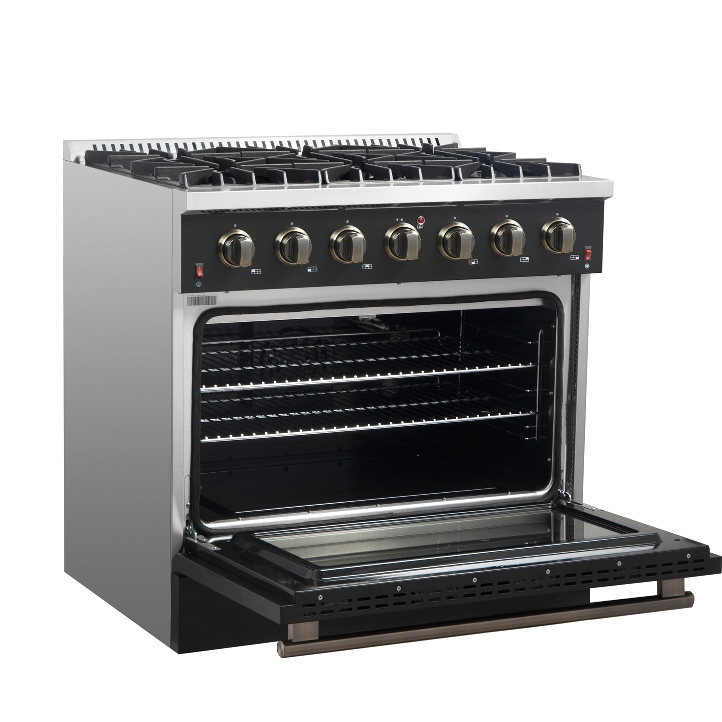 Forno Galiano 36 Inch Gas Range, 5.36 cu. ft. Oven, 6 Sealed Burners, Black with Antique Brass Accents, Model FFSGS6244-36BLK