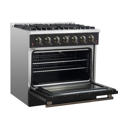 Forno Galiano 36 Inch Gas Range, 5.36 cu. ft. Oven, 6 Sealed Burners, Black with Antique Brass Accents, Model FFSGS6244-36BLK
