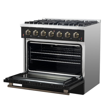 Forno Galiano 36 Inch Gas Range, 5.36 cu. ft. Oven, 6 Sealed Burners, Black with Antique Brass Accents, Model FFSGS6244-36BLK