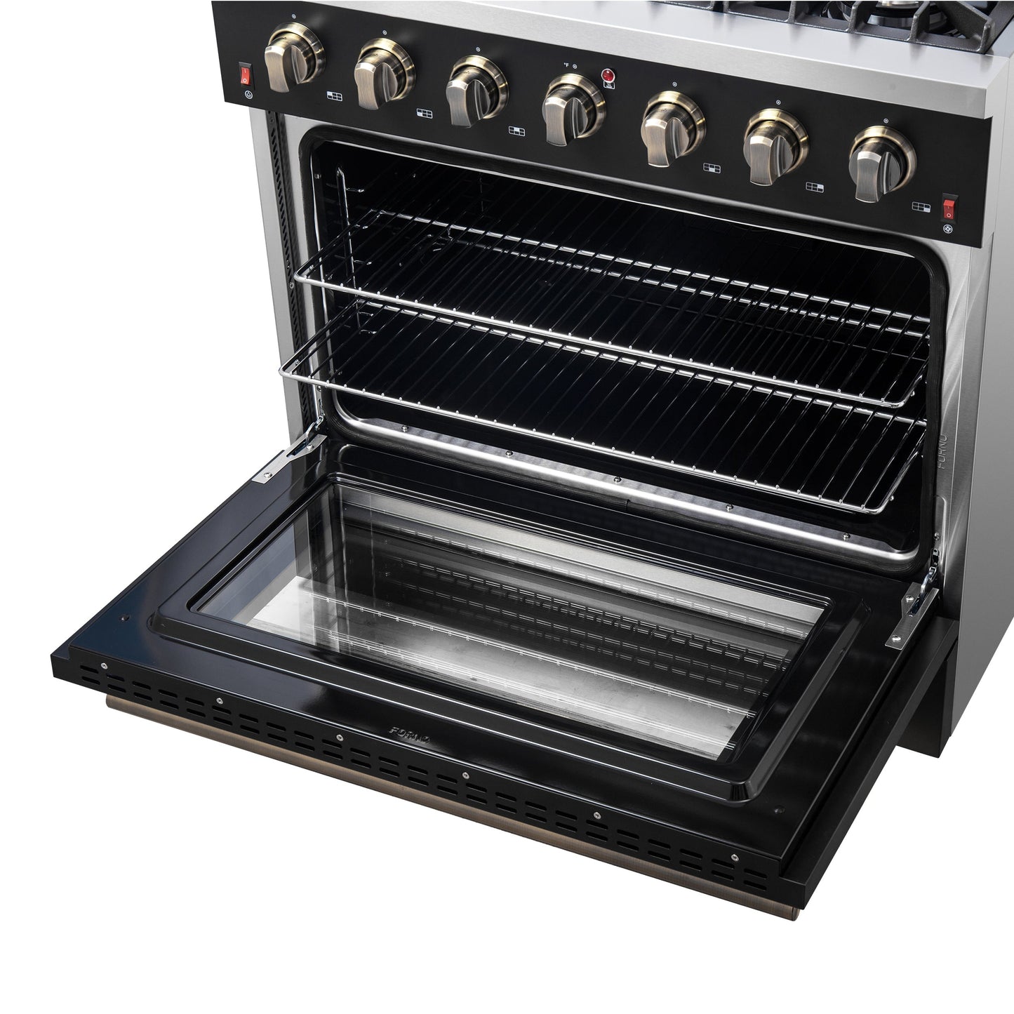 Forno Galiano 36 Inch Gas Range, 5.36 cu. ft. Oven, 6 Sealed Burners, Black with Antique Brass Accents, Model FFSGS6244-36BLK