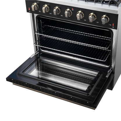 Forno Galiano 36 Inch Gas Range, 5.36 cu. ft. Oven, 6 Sealed Burners, Black with Antique Brass Accents, Model FFSGS6244-36BLK