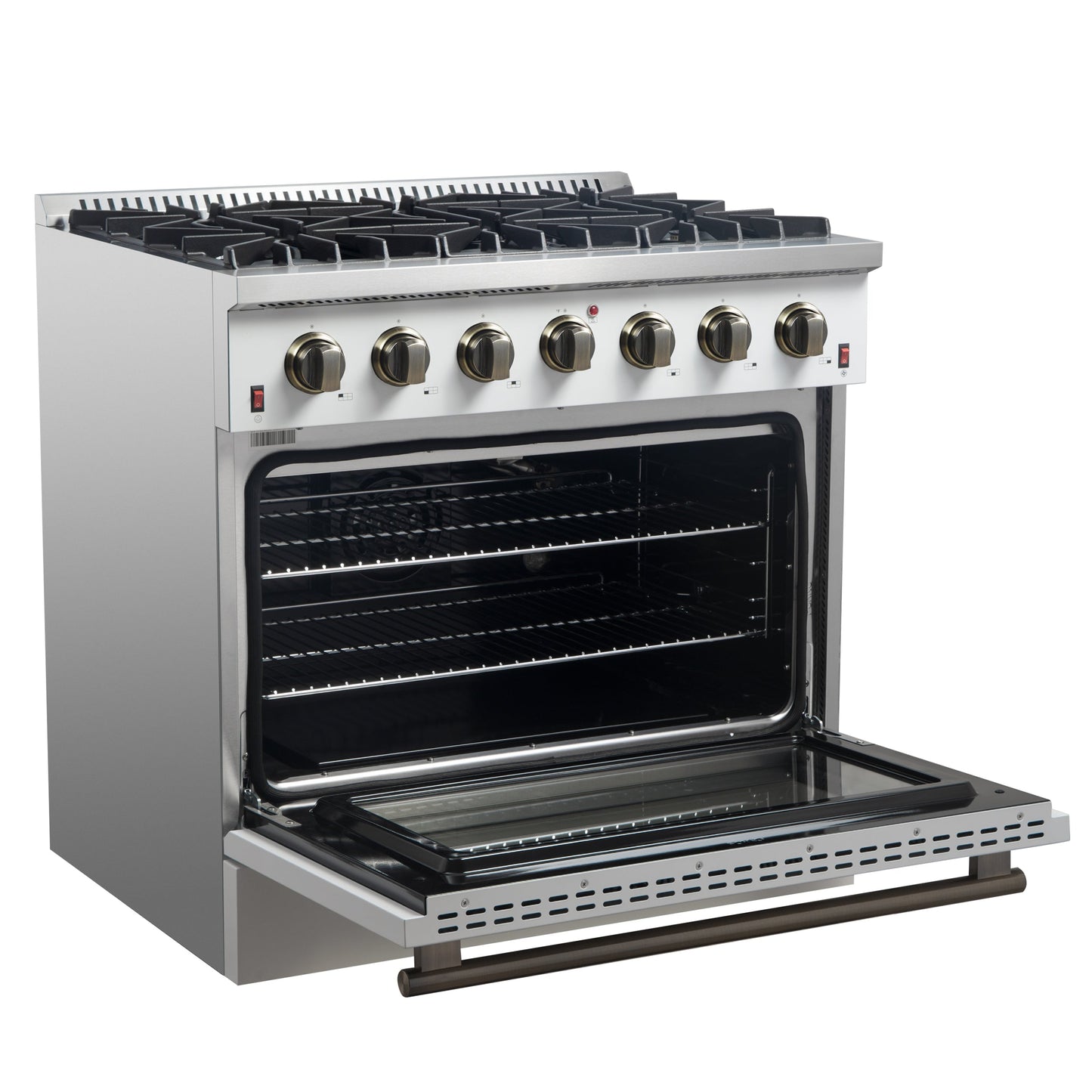 Forno Galiano 36 Inch Gas Range, 5.36 cu. ft. Oven, 6 Sealed Burners, White with Antique Brass Accents, Model FFSGS6244-36WHT