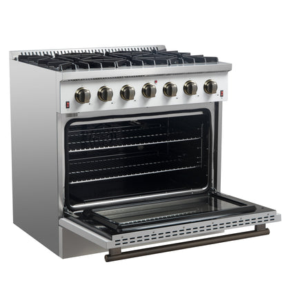Forno Galiano 36 Inch Gas Range, 5.36 cu. ft. Oven, 6 Sealed Burners, White with Antique Brass Accents, Model FFSGS6244-36WHT