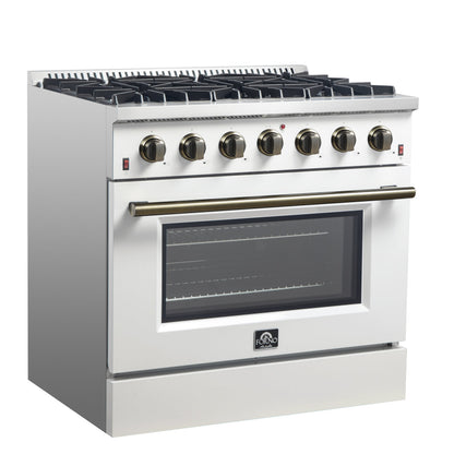 Forno Galiano 36 Inch Gas Range, 5.36 cu. ft. Oven, 6 Sealed Burners, White with Antique Brass Accents, Model FFSGS6244-36WHT