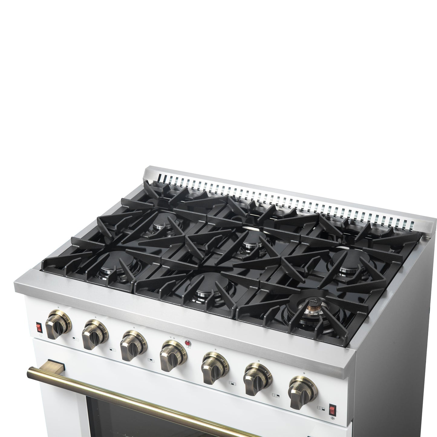 Forno Galiano 36 Inch Gas Range, 5.36 cu. ft. Oven, 6 Sealed Burners, White with Antique Brass Accents, Model FFSGS6244-36WHT