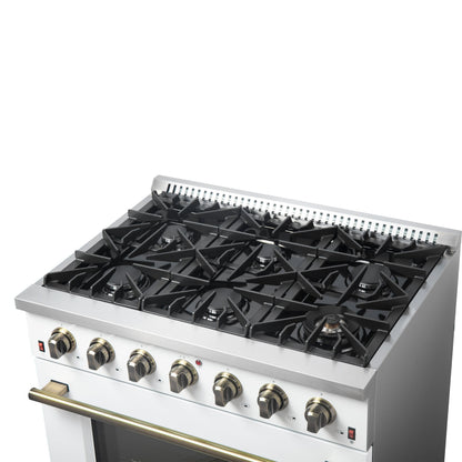Forno Galiano 36 Inch Gas Range, 5.36 cu. ft. Oven, 6 Sealed Burners, White with Antique Brass Accents, Model FFSGS6244-36WHT