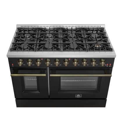 Forno Galiano 48-Inch Gas Range, 6.58 cu. ft. Double Oven, 8 Sealed Burners, Griddle, Black with Antique Brass Accents (Model FFSGS6244-48BLK)