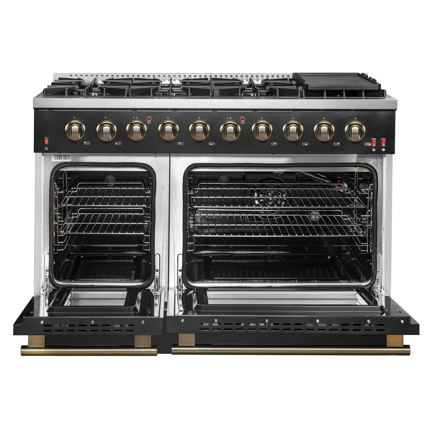 Forno Galiano 48-Inch Gas Range, 6.58 cu. ft. Double Oven, 8 Sealed Burners, Griddle, Black with Antique Brass Accents (Model FFSGS6244-48BLK)