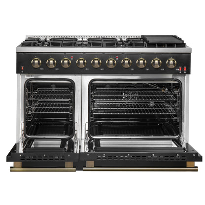 Forno Galiano 48-Inch Gas Range, 6.58 cu. ft. Double Oven, 8 Sealed Burners, Griddle, Black with Antique Brass Accents (Model FFSGS6244-48BLK)