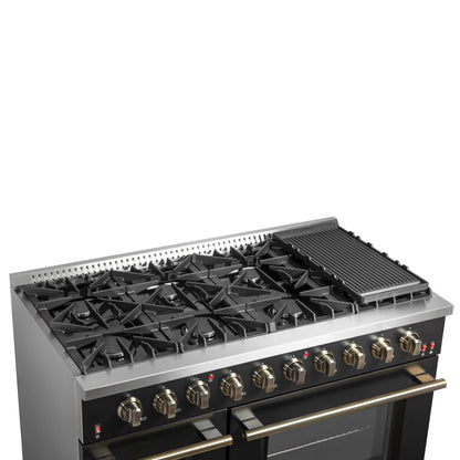 Forno Galiano 48-Inch Gas Range, 6.58 cu. ft. Double Oven, 8 Sealed Burners, Griddle, Black with Antique Brass Accents (Model FFSGS6244-48BLK)