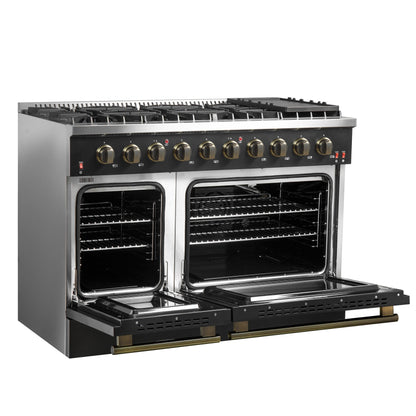 Forno Galiano 48-Inch Gas Range, 6.58 cu. ft. Double Oven, 8 Sealed Burners, Griddle, Black with Antique Brass Accents (Model FFSGS6244-48BLK)