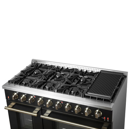 Forno Galiano 48-Inch Gas Range, 6.58 cu. ft. Double Oven, 8 Sealed Burners, Griddle, Black with Antique Brass Accents (Model FFSGS6244-48BLK)