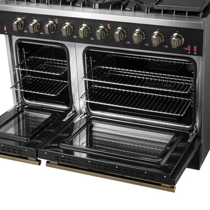 Forno Galiano 48-Inch Gas Range, 6.58 cu. ft. Double Oven, 8 Sealed Burners, Griddle, Black with Antique Brass Accents (Model FFSGS6244-48BLK)