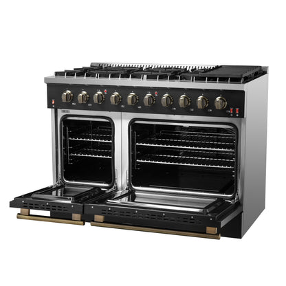 Forno Galiano 48-Inch Gas Range, 6.58 cu. ft. Double Oven, 8 Sealed Burners, Griddle, Black with Antique Brass Accents (Model FFSGS6244-48BLK)