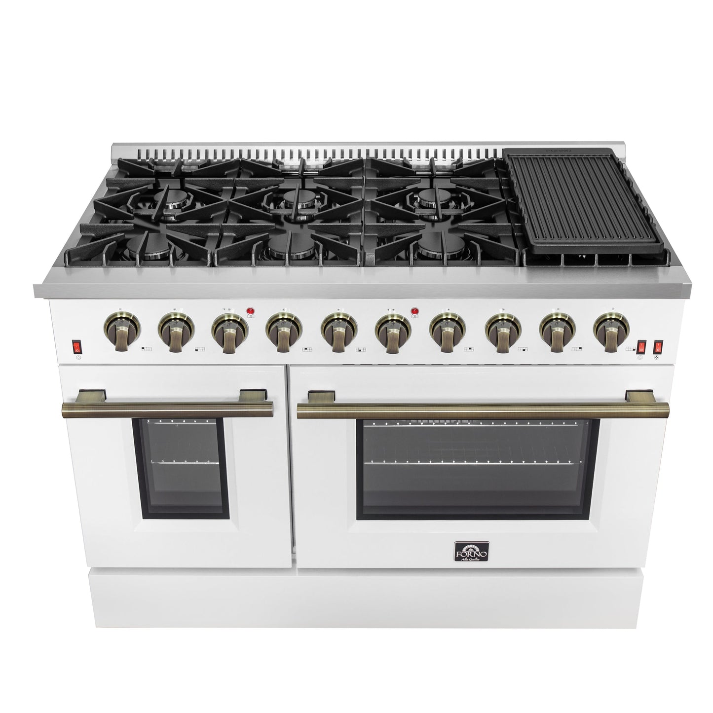 Forno Galiano 48-Inch Gas Range, 8 Sealed Brass Burners with Built-In Griddle, 6.58 cu. ft. Double Oven, White Stainless Steel with Antique Brass Accents, Model FFSGS6244-48WHT