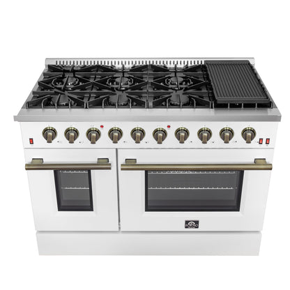 Forno Galiano 48-Inch Gas Range, 8 Sealed Brass Burners with Built-In Griddle, 6.58 cu. ft. Double Oven, White Stainless Steel with Antique Brass Accents, Model FFSGS6244-48WHT