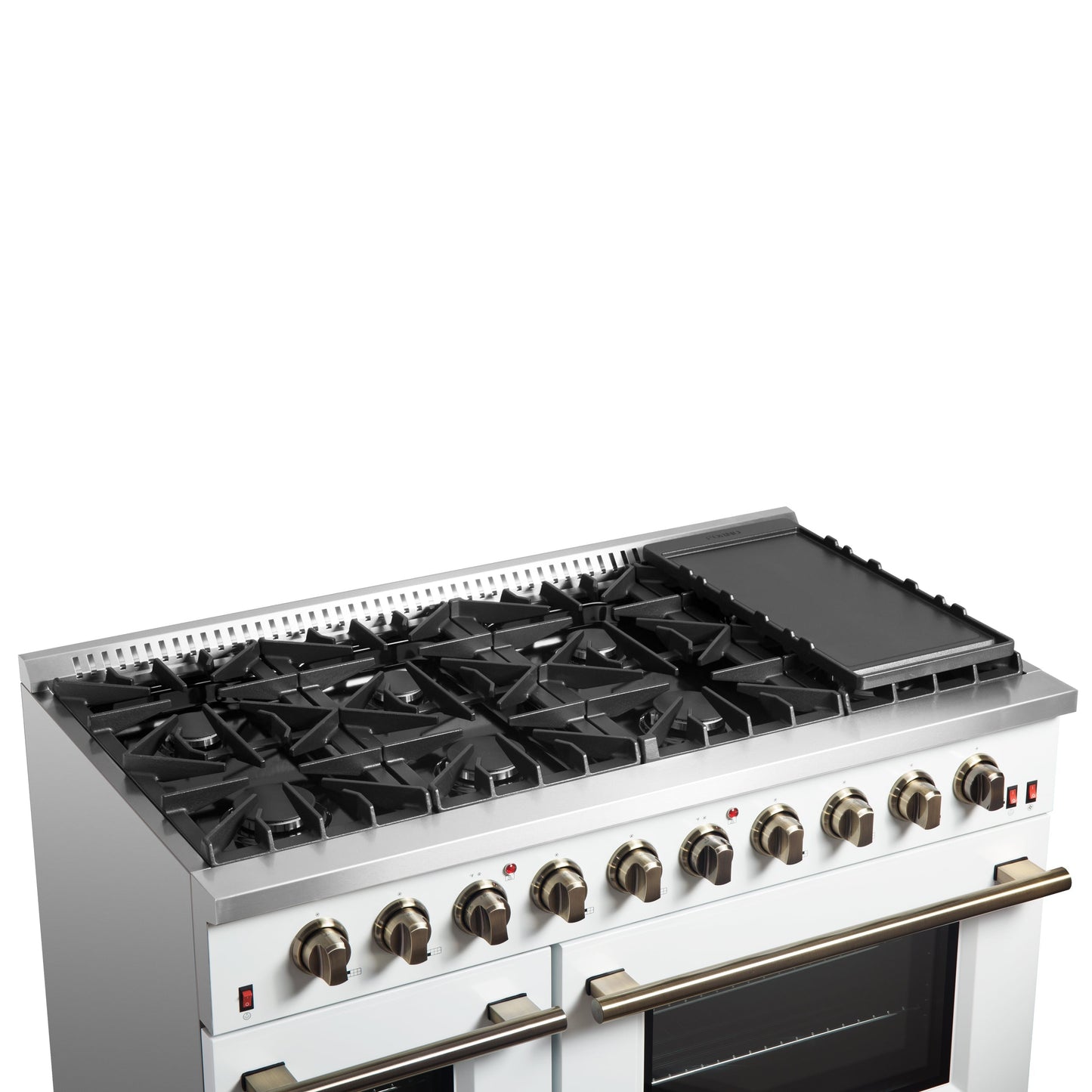 Forno Galiano 48-Inch Gas Range, 8 Sealed Brass Burners with Built-In Griddle, 6.58 cu. ft. Double Oven, White Stainless Steel with Antique Brass Accents, Model FFSGS6244-48WHT