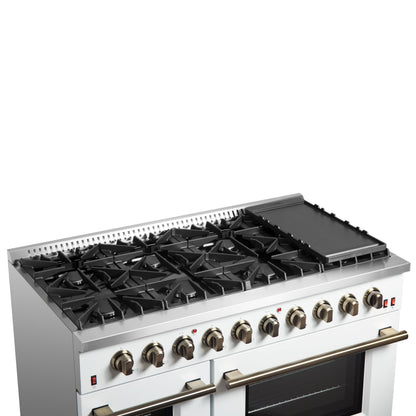 Forno Galiano 48-Inch Gas Range, 8 Sealed Brass Burners with Built-In Griddle, 6.58 cu. ft. Double Oven, White Stainless Steel with Antique Brass Accents, Model FFSGS6244-48WHT