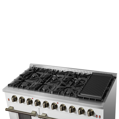Forno Galiano 48-Inch Gas Range, 8 Sealed Brass Burners with Built-In Griddle, 6.58 cu. ft. Double Oven, White Stainless Steel with Antique Brass Accents, Model FFSGS6244-48WHT