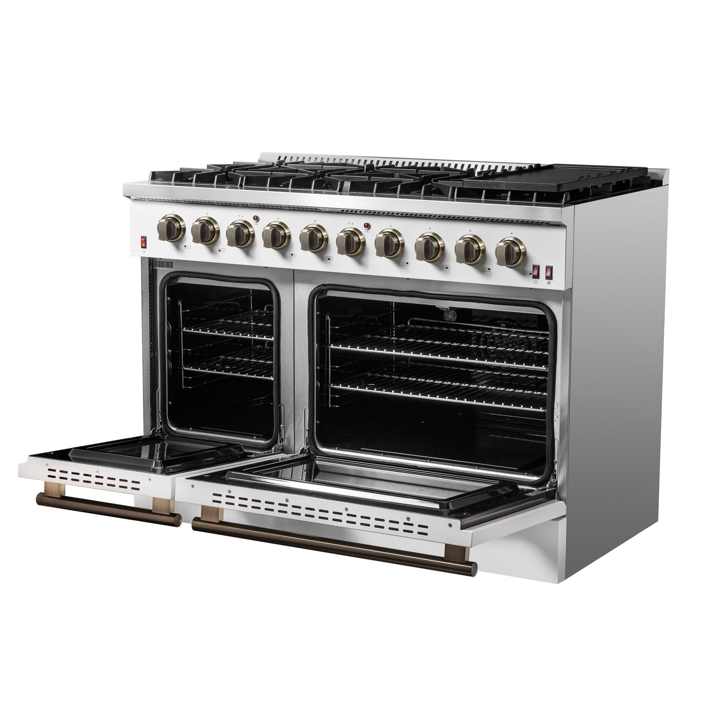 Forno Galiano 48-Inch Gas Range, 8 Sealed Brass Burners with Built-In Griddle, 6.58 cu. ft. Double Oven, White Stainless Steel with Antique Brass Accents, Model FFSGS6244-48WHT