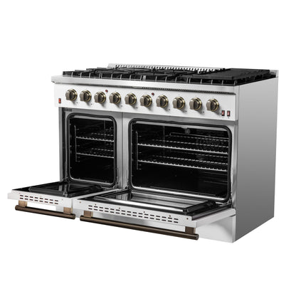 Forno Galiano 48-Inch Gas Range, 8 Sealed Brass Burners with Built-In Griddle, 6.58 cu. ft. Double Oven, White Stainless Steel with Antique Brass Accents, Model FFSGS6244-48WHT