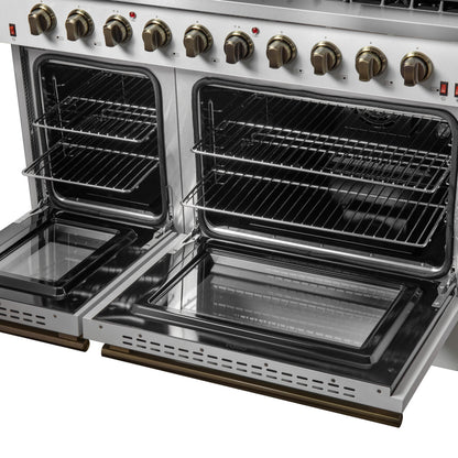 Forno Galiano 48-Inch Gas Range, 8 Sealed Brass Burners with Built-In Griddle, 6.58 cu. ft. Double Oven, White Stainless Steel with Antique Brass Accents, Model FFSGS6244-48WHT