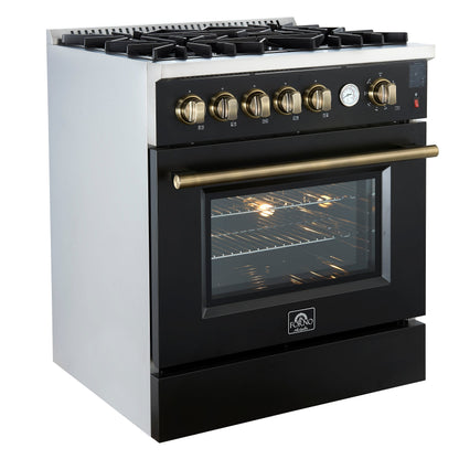 Forno Giovanni 30-Inch Gas Range, 4.32 cu. ft. Oven, 5 Sealed Burners with Griddle, Wok Ring & Air Fry Basket, Black with Antique Brass Accents (Model FFSGS6274-30BLK)
