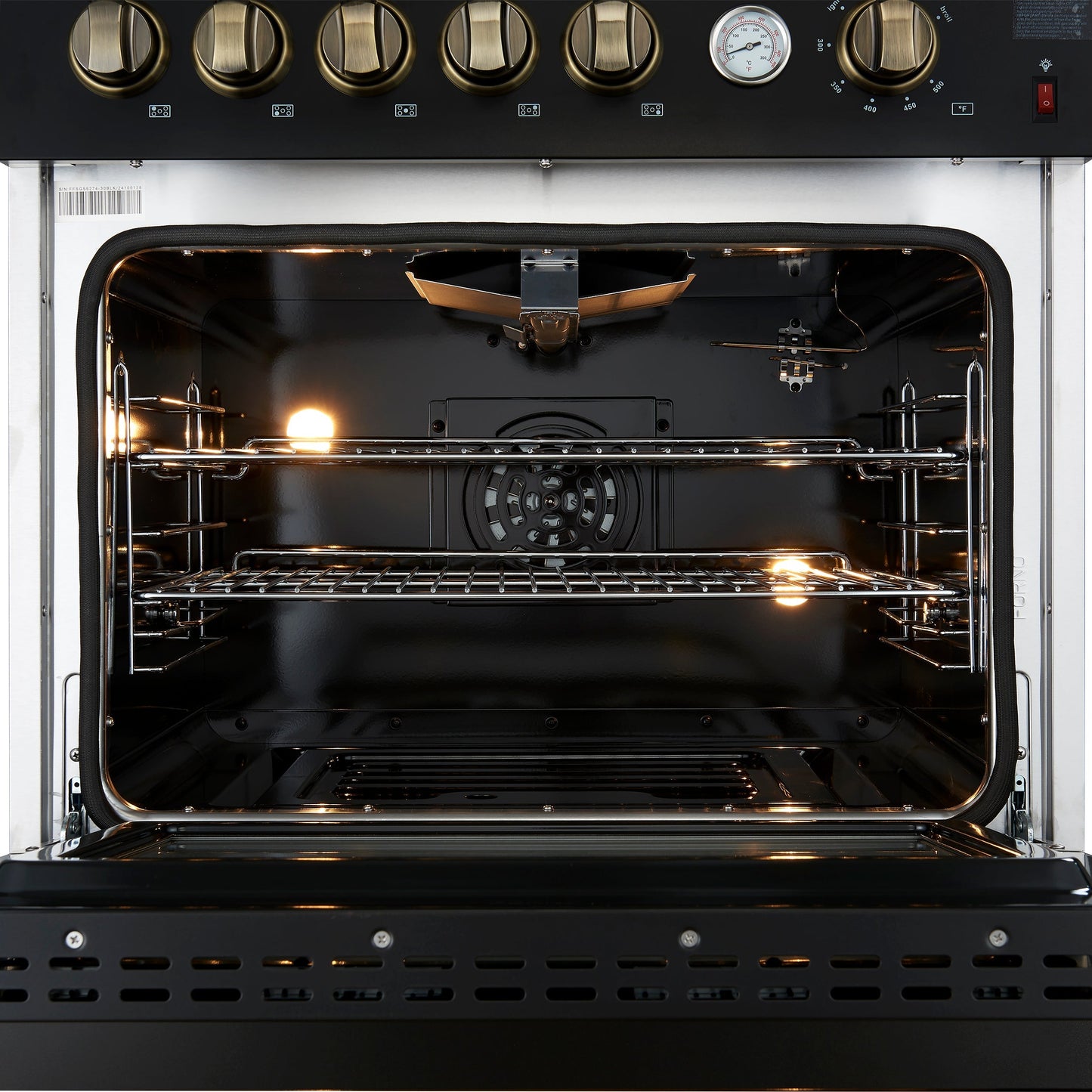 Forno Giovanni 30-Inch Gas Range, 4.32 cu. ft. Oven, 5 Sealed Burners with Griddle, Wok Ring & Air Fry Basket, Black with Antique Brass Accents (Model FFSGS6274-30BLK)