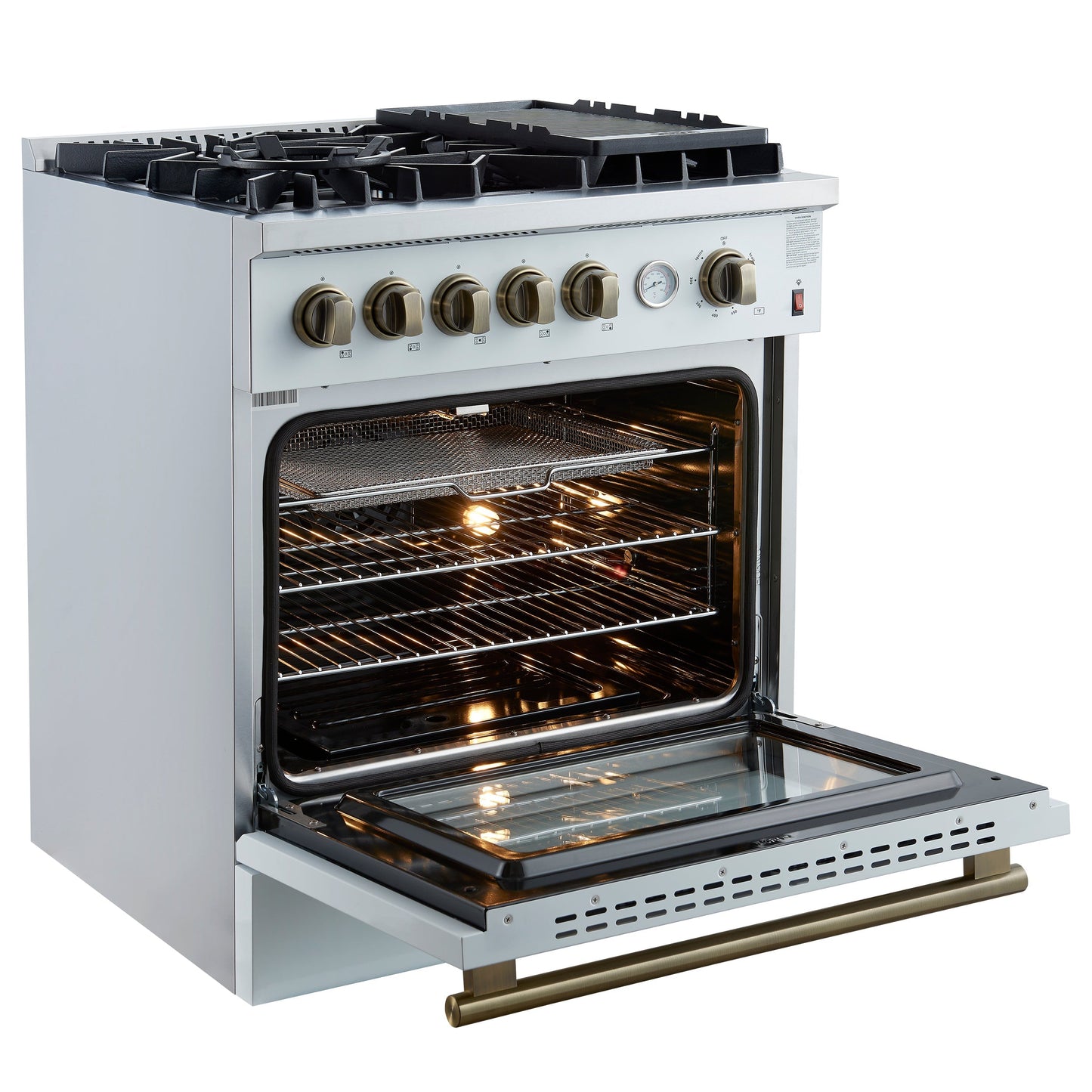 Forno Giovanni 30-Inch Gas Range, 4.32 cu ft Oven, 5 Sealed Burners, White with Antique Brass Accents (Model FFSGS6274-30WHT)