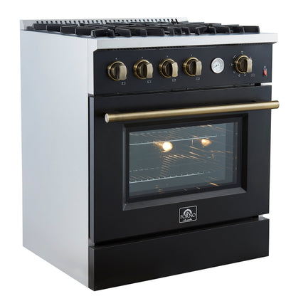FORNO Marco 30-Inch Gas Range, 4.32 cu. ft. Oven, 4 Sealed Burners, Temperature Gauge, Black with Antique Brass Accents (Model FFSGS6277-30BLK)