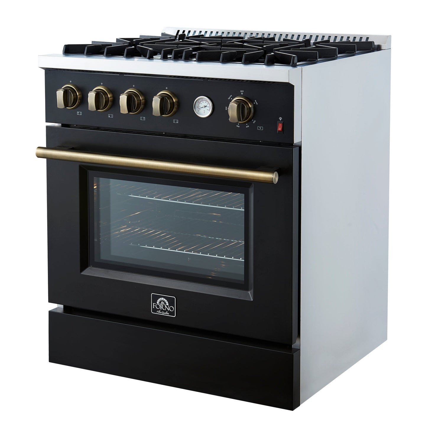 FORNO Marco 30-Inch Gas Range, 4.32 cu. ft. Oven, 4 Sealed Burners, Temperature Gauge, Black with Antique Brass Accents (Model FFSGS6277-30BLK)