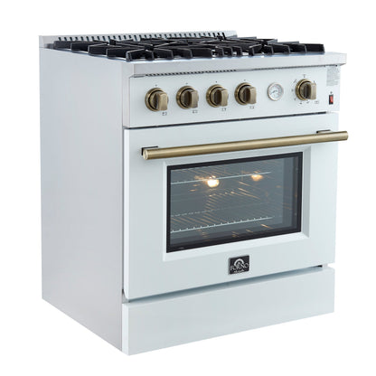 Forno Marco 30-Inch Gas Range, 4.32 cu ft Oven, 4 Sealed Burners, Temperature Gauge, White with Antique Brass Accents (FFSGS6277-30WHT)