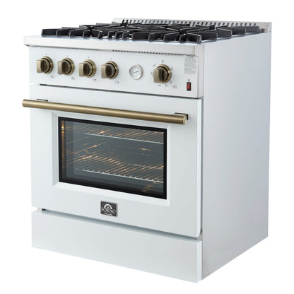 Forno Marco 30-Inch Gas Range, 4.32 cu ft Oven, 4 Sealed Burners, Temperature Gauge, White with Antique Brass Accents (FFSGS6277-30WHT)
