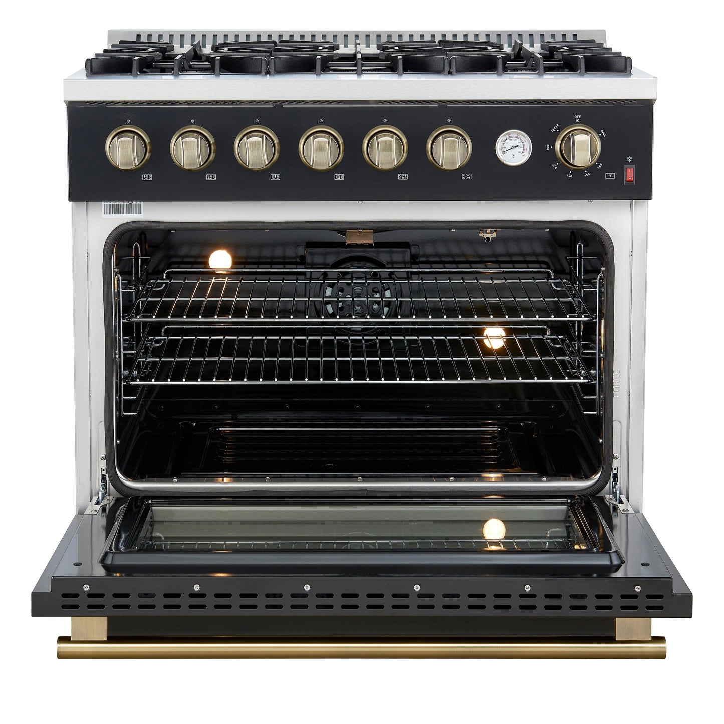 Forno Marco 36-Inch Gas Range, 5.36 cu. ft. Oven, 6 Sealed Burners, Built-In Temperature Gauge, Black with Antique Brass Accents (Model FFSGS6277-36BLK)