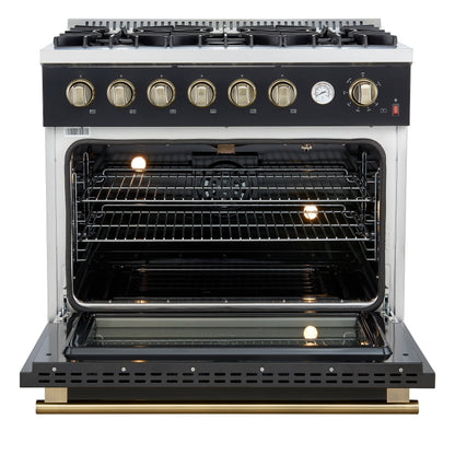 Forno Marco 36-Inch Gas Range, 5.36 cu. ft. Oven, 6 Sealed Burners, Built-In Temperature Gauge, Black with Antique Brass Accents (Model FFSGS6277-36BLK)