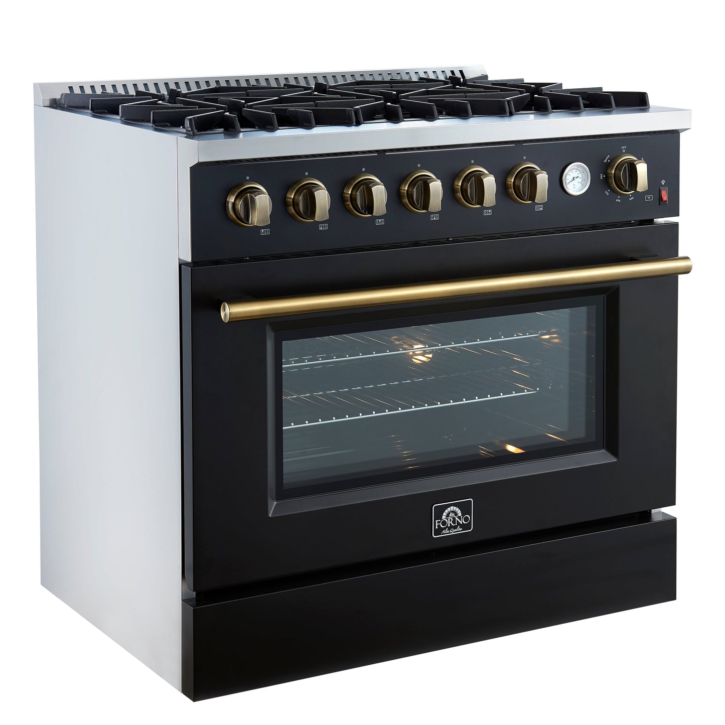 Forno Marco 36-Inch Gas Range, 5.36 cu. ft. Oven, 6 Sealed Burners, Built-In Temperature Gauge, Black with Antique Brass Accents (Model FFSGS6277-36BLK)