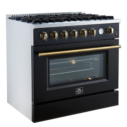 Forno Marco 36-Inch Gas Range, 5.36 cu. ft. Oven, 6 Sealed Burners, Built-In Temperature Gauge, Black with Antique Brass Accents (Model FFSGS6277-36BLK)