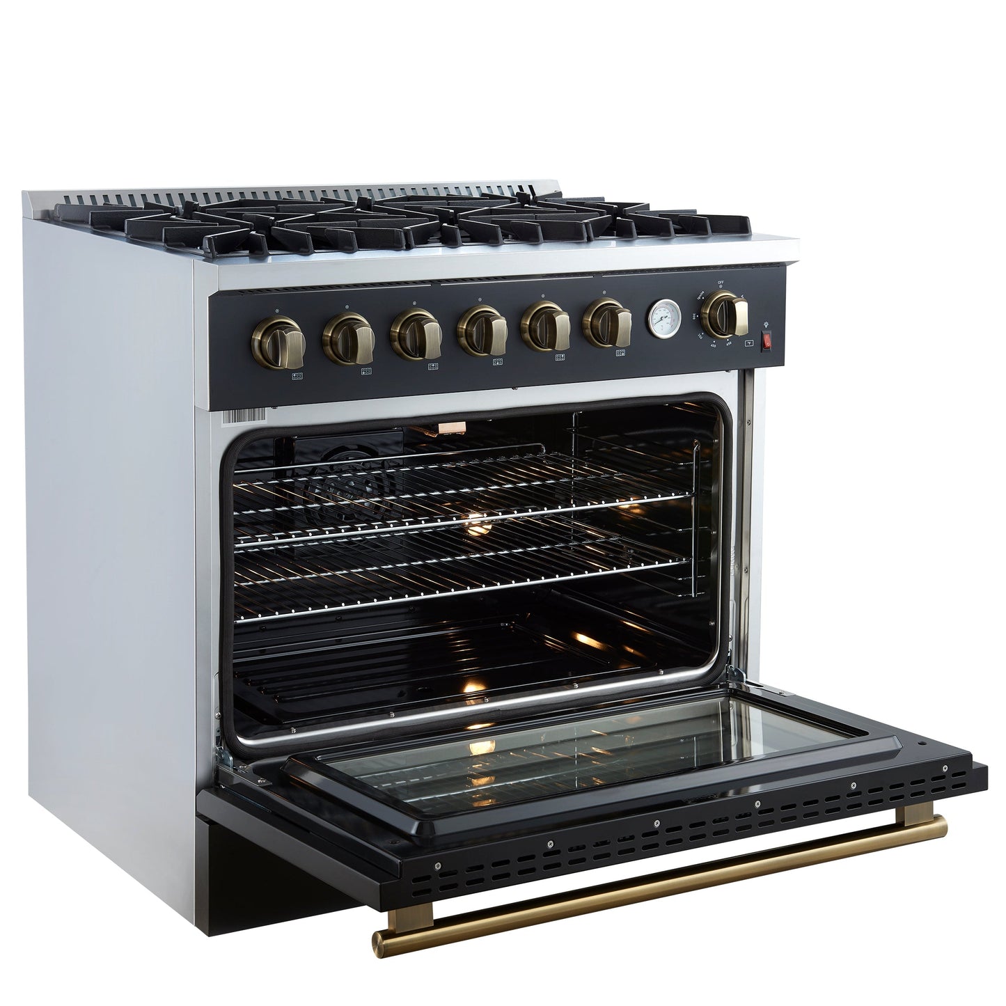 Forno Marco 36-Inch Gas Range, 5.36 cu. ft. Oven, 6 Sealed Burners, Built-In Temperature Gauge, Black with Antique Brass Accents (Model FFSGS6277-36BLK)