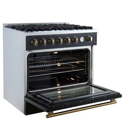 Forno Marco 36-Inch Gas Range, 5.36 cu. ft. Oven, 6 Sealed Burners, Built-In Temperature Gauge, Black with Antique Brass Accents (Model FFSGS6277-36BLK)