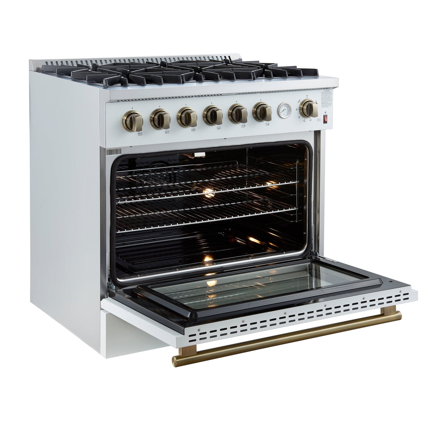 Forno Marco 36-Inch Gas Range, 5.36 cu. ft. Oven, 6 Sealed Burners, Temperature Gauge, White with Antique Brass Accents (FFSGS6277-36WHT)